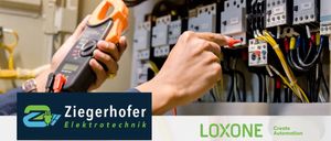 Eine Werbung für Zieherhofer Elektrotechnik e.U. zeigt elektrische Installationen, ein Foto einer Person, die an Geräten arbeitet, und einen Überblick über die Dienstleistungen. Es hebt die Expertise im Bereich der Elektroinstallation, die Spezialisierung auf Photovoltaik und die Partnerschaft mit LOXONE hervor.
