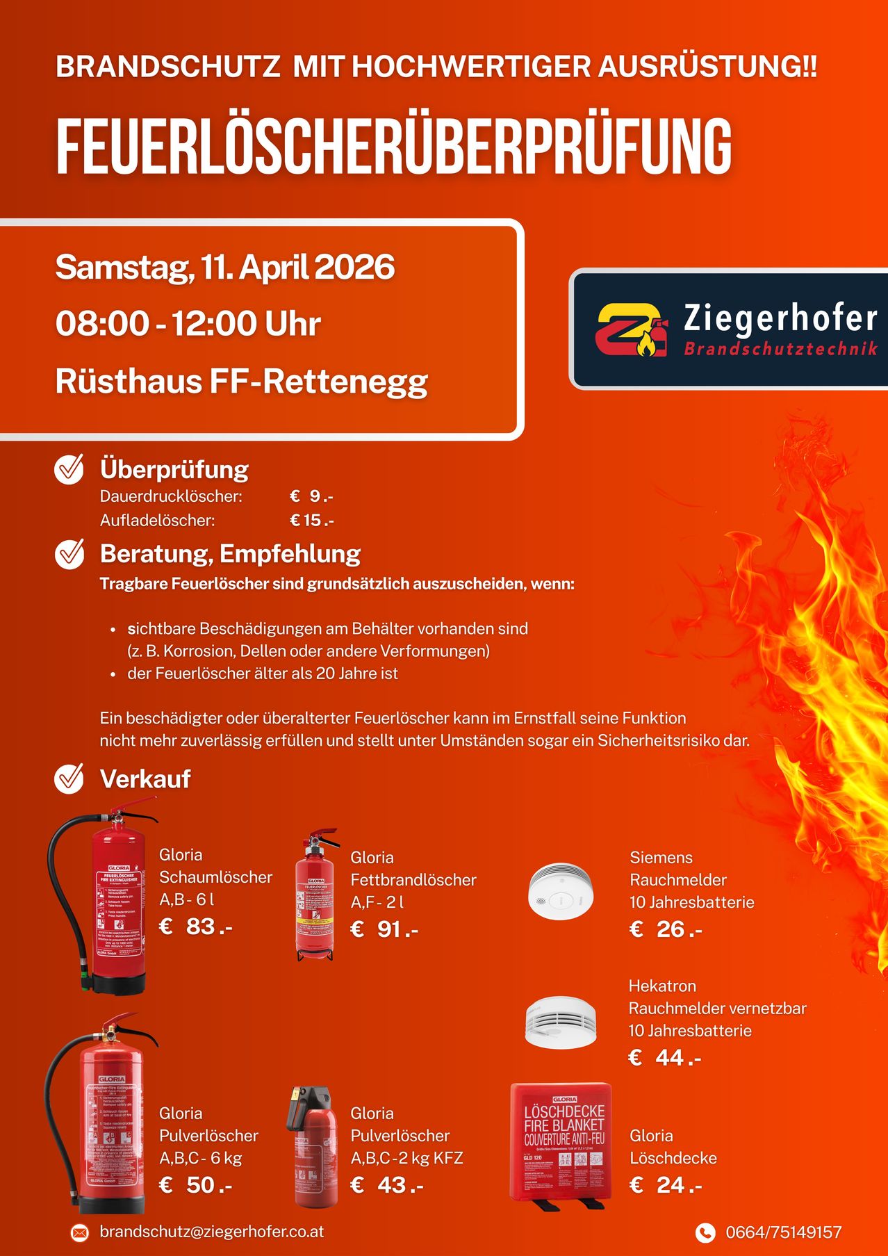 Das Plakat kündigt eine Überprüfung und einen Verkauf von Feuerlöschern am 11. April 2026 von 08:00 bis 12:00 an. Preise für die Überprüfung und den Kauf von Feuerlöschern sind aufgeführt. Der Verkauf umfasst Gloria Schaumlöscher, Gloria Pulverlöscher und Siemens Rauchmelder.