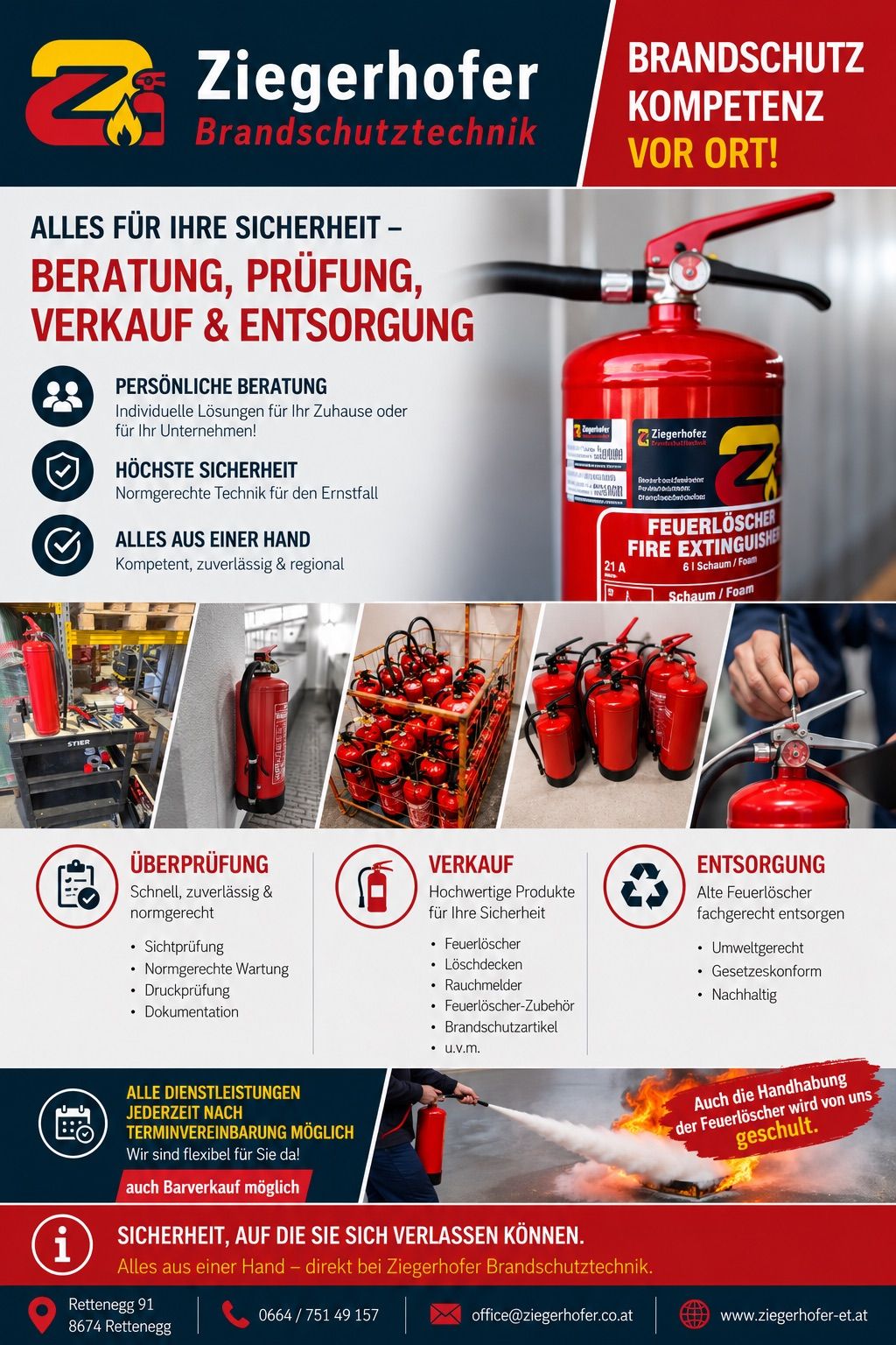 An advertisement for fire safety services including consultation, testing, sales, and disposal. It features a fire extinguisher and various services listed.