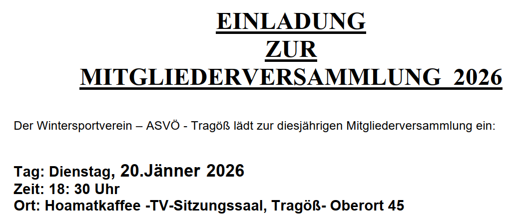 Einladung zur diesjährigen Mitgliederversammlung des Tragols Sportvereins am 20. Januar 2026 um 22:30 Uhr im TV-Sitzungssaal, Tragols - Oberort 45.