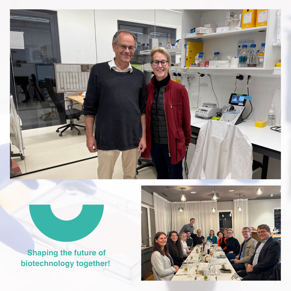 Zwei Fachleute stehen lächelnd in einem Labor, während eine Gruppe von Menschen an einem Esstisch in einem anderen Raum versammelt ist.