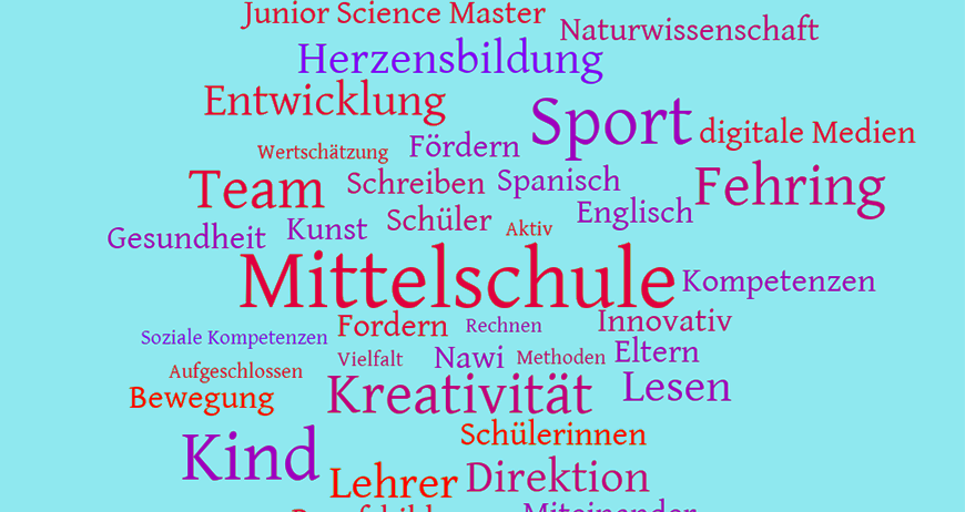 Ein blauer Hintergrund zeigt eine Wortwolke mit verschiedenen Begriffen zu Bildung, Sport und persönlicher Entwicklung. Schlüsselwörter sind 'Junior Science Master', 'Gesundheit', 'Team' und 'Mittelschule'.