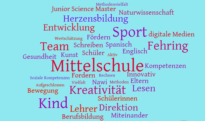 Ein blauer Hintergrund zeigt eine Wortwolke mit verschiedenen Begriffen zu Bildung, Sport und persönlicher Entwicklung. Schlüsselwörter sind 'Junior Science Master', 'Gesundheit', 'Team' und 'Mittelschule'.