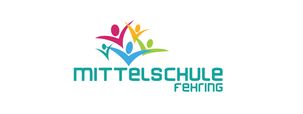 Das Logo der Mittelschule Fehringer zeigt eine bunte Illustration von Menschen in verschiedenen Posen.