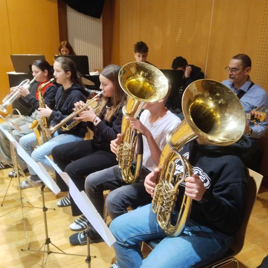 Bild enthält, Shoe, Tuba, Person, Adult, Female, Woman, Male, Man, Group Performance, Glasses
