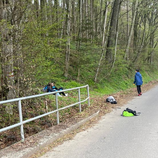 Zwei Personen sitzen am Straßenrand im Wald, während eine andere Person auf der Straße geht.