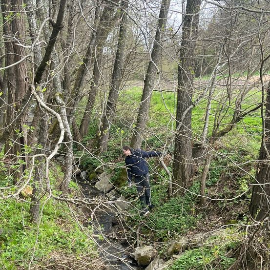 Ein Mann in einem blauen Jackett steht mitten im Wald und hält einen Stock in der rechten Hand.