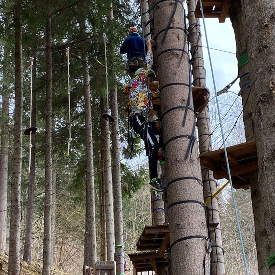 Zwei Personen klettern mit Hilfe von Seilen in ein Baumhaus. Einer trägt einen Helm, während der andere einen Helm und eine bunte Jacke trägt.