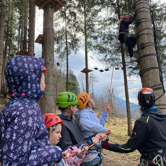 Eine Gruppe von Kindern und Erwachsenen beteiligen sich am Baumklettern in einem Wald, tragen Helme und Gurte, wobei ein Kind einen Baumstamm erklimmt und andere zuschauen.
