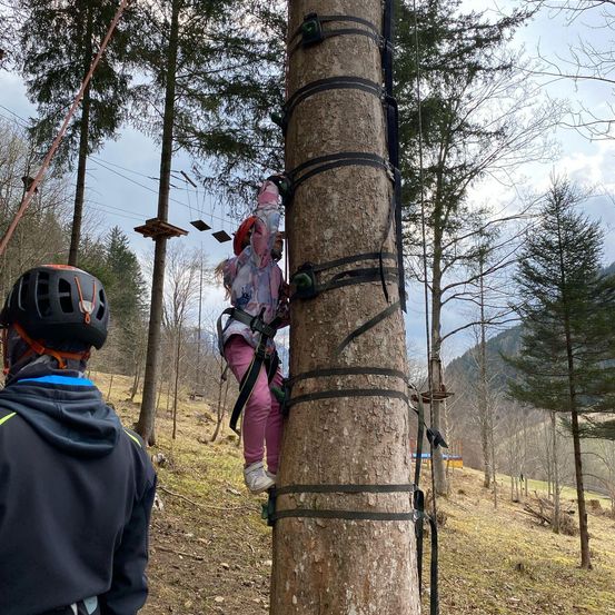 Ein junges Mädchen klettert mit Hilfe eines Sicherheitsgurtes einen Baum im Wald. Ein Mensch mit Helm steht in der Nähe und beobachtet.