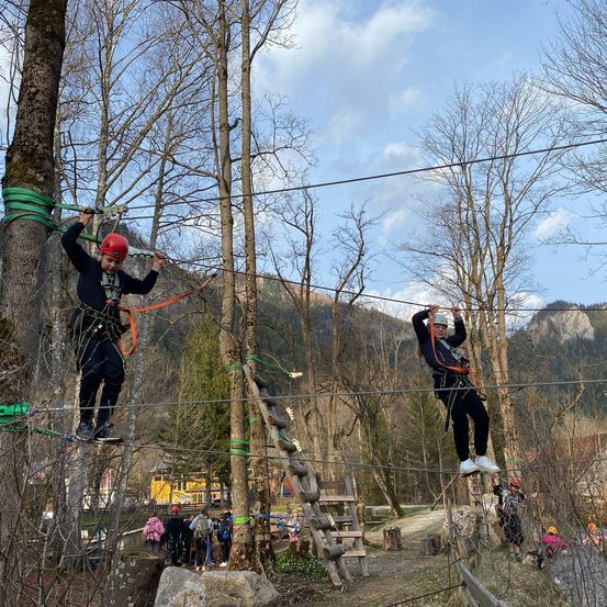 Zwei Personen sind an einer Zipline aufgehängt zwischen Bäumen. Eine Gruppe von Personen in Helmen wartet am Boden.