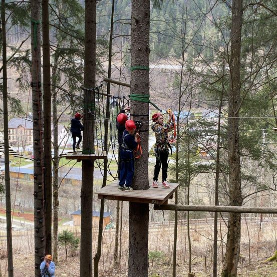 Fünf Personen befinden sich in einem Waldabenteuerpark mit Kletterseilen und Holzplattformen. Drei Personen stehen auf Plattformen, zwei klettern auf Bäume. Die Person in der Mitte hält ein Seil. In der Ferne gibt es ein Haus und einen Berg.