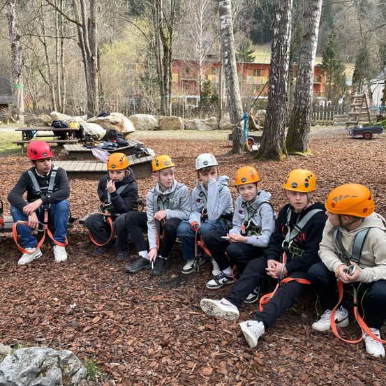 Sechs Jungen mit orangefarbenen Helmen sitzen auf einem mit Holzspänen bedeckten Boden im Wald.