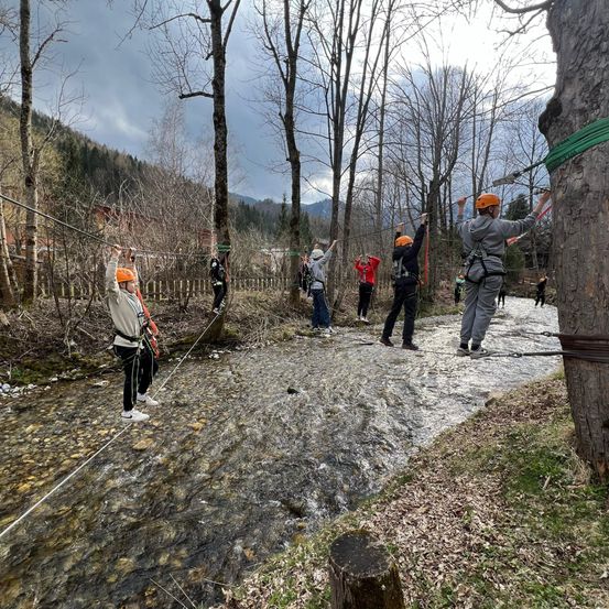 Mehrere Personen klettern über eine Seilbrücke über einen Bach im Wald. Sie tragen orange Helme und Gurte.