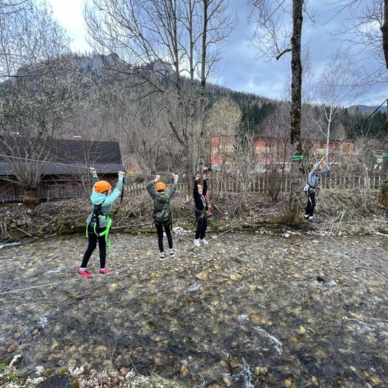 Fünf Personen gehen auf einem Seil über einen Fluss im Wald. Sie tragen Helme und Gurte.