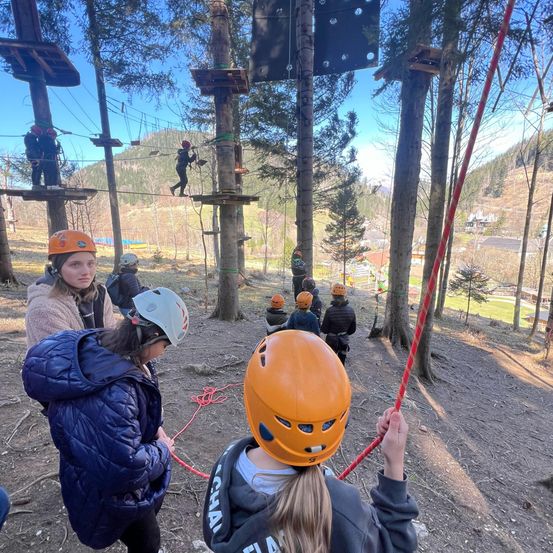 Eine Gruppe von Menschen mit orangefarbenen Helmen klettert auf einer hölzernen Struktur mit Seilen in einem Waldgebiet.