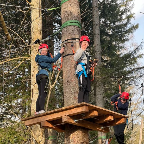 Drei Personen mit roten Helmen stehen auf einer Holzplattform in der Nähe eines Baumes, einer hält ein Seil, ein anderer lächelt und der dritte hält ein Werkzeug.