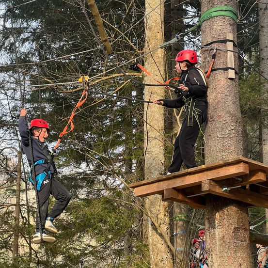 Zwei Kinder klettern in einem Wald an Seilen, eines klettert nach oben, während das andere nach unten klettert.