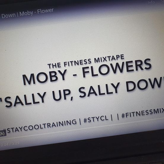 Ein Computerbildschirm zeigt eine Textüberlagerung mit der Aufschrift 'The Fitness Mixtape Moby - Flowers Sally Up, Sally Down'. Es ist mit den Hashtags '#STYCL' und '#FITNESSMIX' versehen und trägt den Text 'STAYCOOLTRAINING'.