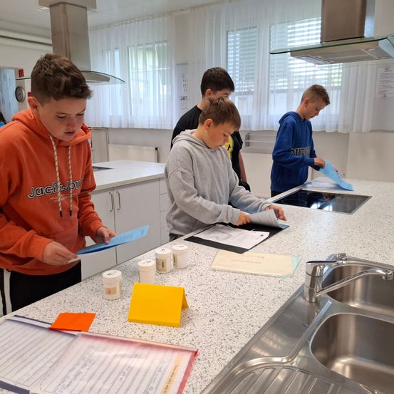Eine Gruppe junger Jungen arbeitet in einer Küche an einem Projekt. Papiere, farbige Karten und kleine Behälter liegen auf der Arbeitsplatte. Sie konzentrieren sich auf die Aufgabe, wobei ein Junge ein blaues Papier in der Hand hält.