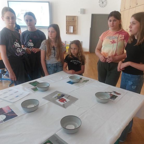 Eine Gruppe von Mädchen steht um einen Tisch mit Schüsseln und Papieren. Das Mädchen in der Mitte schaut nach unten. Hinter ihnen zeigt eine Projektorleinwand eine Nachricht.