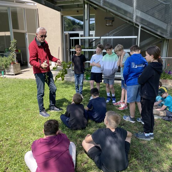 Eine Gruppe von Kindern und Erwachsenen versammelt sich auf einem Grasfeld, wahrscheinlich in einem schulischen Umfeld. Ein Mann in einem roten Jackett hält eine Pflanze, und andere beobachten oder knien. Das Gebäude hinter ihnen hat Glaswände und Türen.