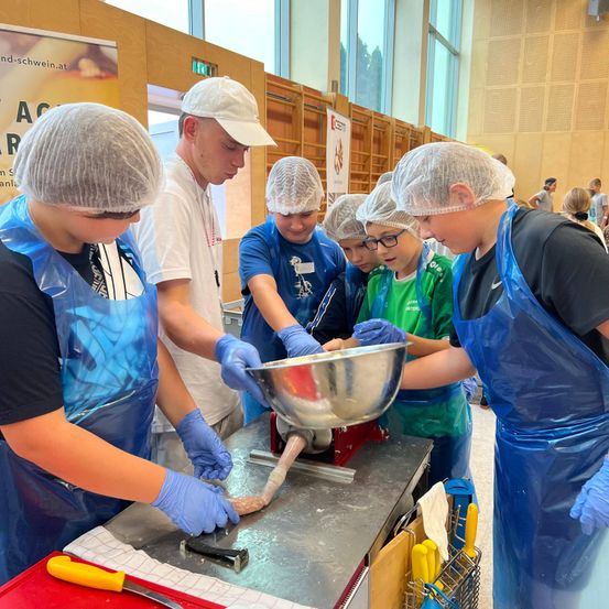 Eine Gruppe junger Menschen arbeitet in einem Raum zusammen. Sie tragen blaue Schürzen und Haarnetze. Eine Person hält eine Fleischmühle, während andere einen Teller betrachten. Sie konzentrieren sich alle auf eine Aufgabe.