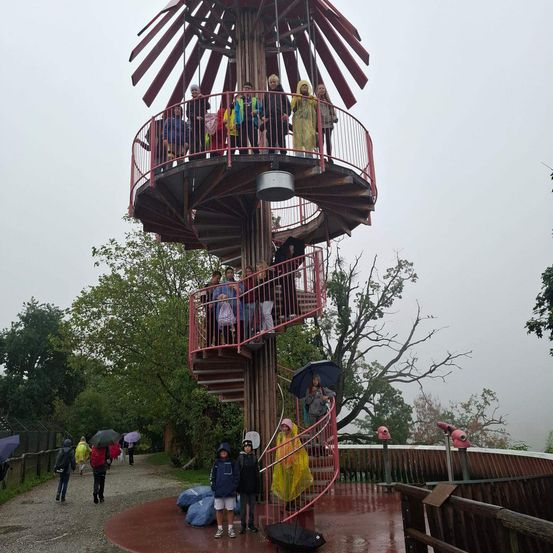 Eine Gruppe von Menschen steht auf einer Wendeltreppe eines Turms in einem Park während des Regens. Sie tragen Regenmäntel und tragen Regenschirme.