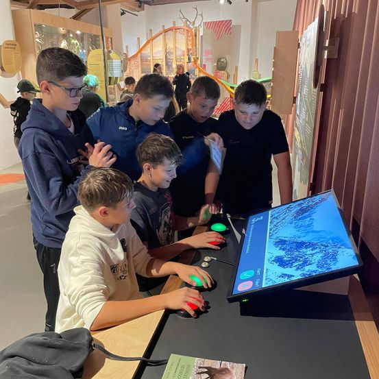 Mehrere Jungen stehen um einen großen Bildschirm herum, drücken Tasten und beobachten den Bildschirm. Sie befinden sich in einem Museum, umgeben von anderen Ausstellungen.