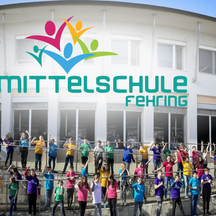 Eine Gruppe von Schülern steht auf einer Metallbrüstung vor dem Mittelschule Fering-Gebäude, mit dem Schullogo darüber.