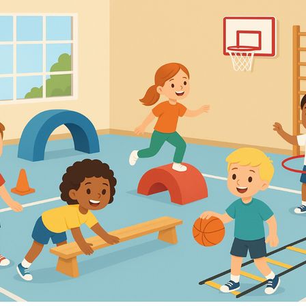 Kinder spielen in einer Turnhalle. Ein Mädchen läuft auf einem Hindernisparcours und ein Junge hält einen Basketball. Eine Basketballkorb ist an der Wand montiert.