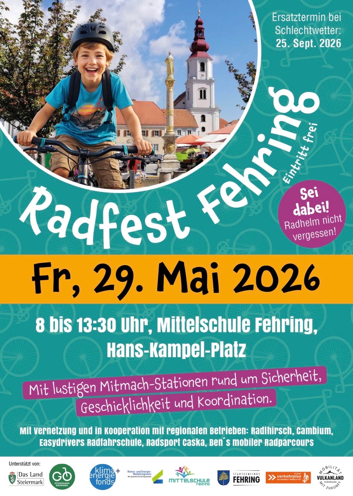 Plakat für ein Fahrradfestival in Fehring, Österreich am 29. Mai 2026. Zeigt ein Kind, das Fahrrad fährt. Veranstaltung von 8 Uhr bis 13:30 Uhr. Kostenlose Fahrradvermietung.