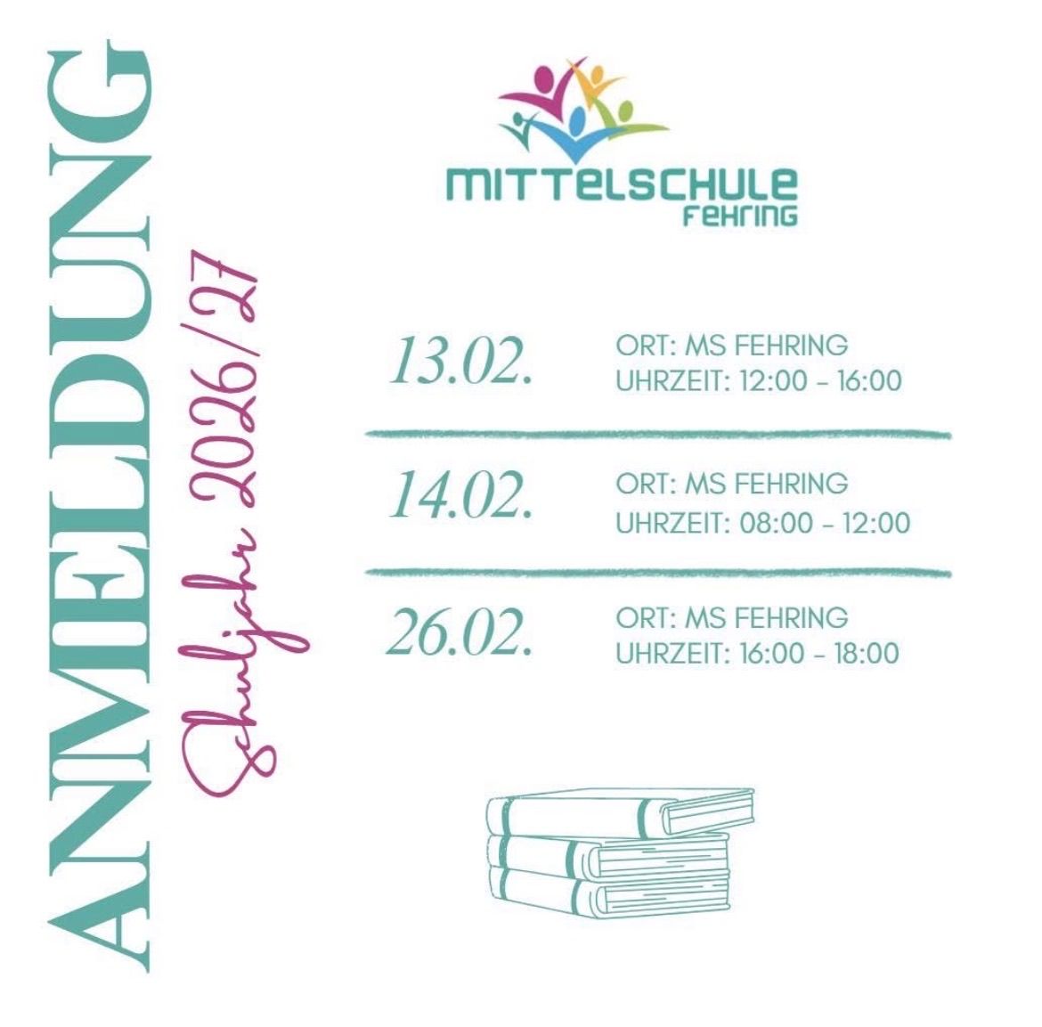 Announcement for February 2020. Dates: 13th, 14th, and 26th. Location: MS Fehring. Times: 12:00-16:00, 08:00-12:00, 16:00-18:00.