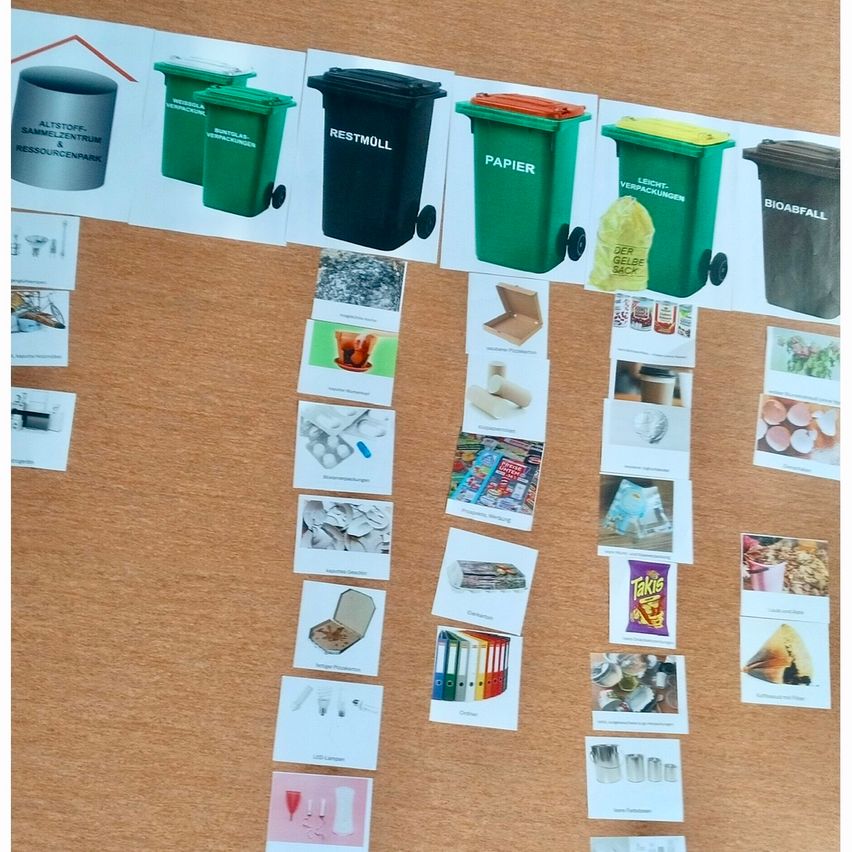 A wooden board displays recycling bins for paper, rest waste, and bio waste. Below, various recyclable items are shown, including paper, plastic, and metal.