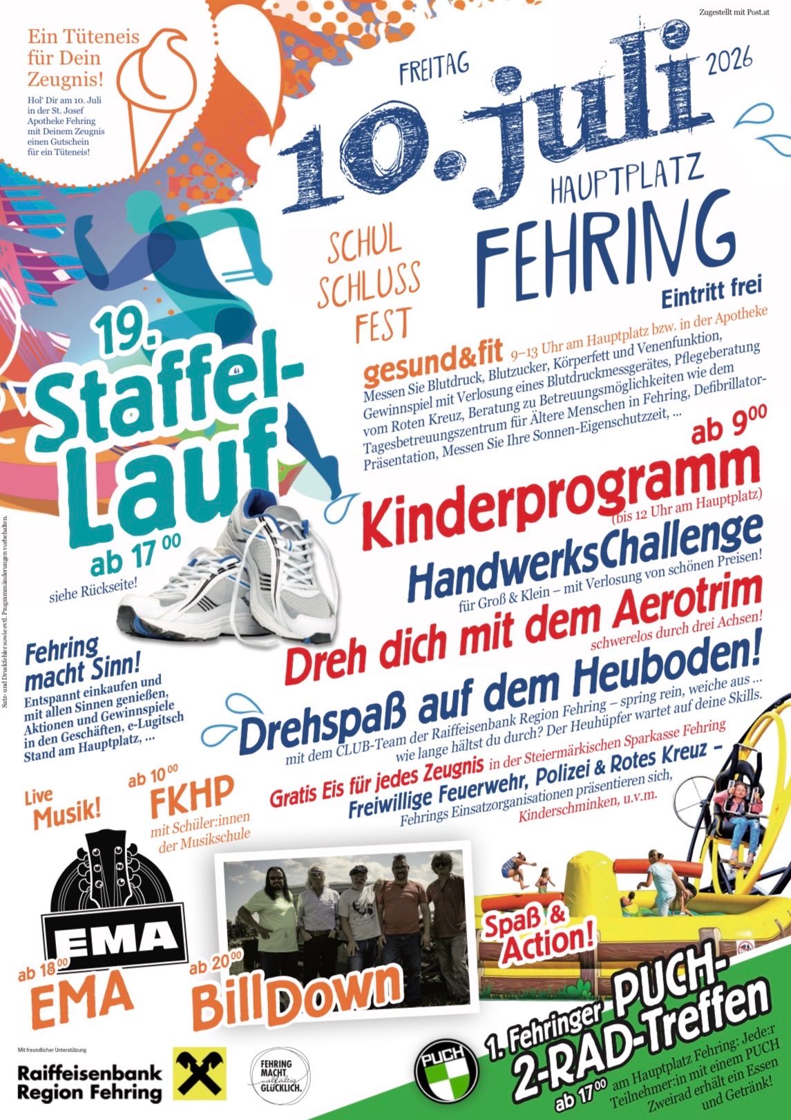 Plakat für den 19. Staffellauf in Fahring mit einer Lauffigur, Turnschuhen und verschiedenen Aktivitäten. Aktivitäten umfassen ein Kinderprogramm, eine Challenge, Live-Musik und freien Eintritt.
