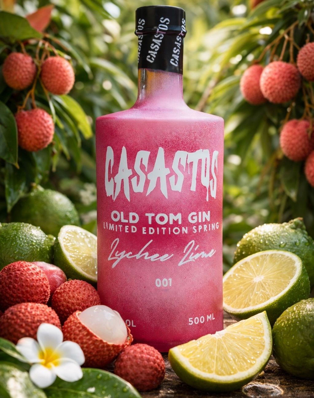 Eine Flasche rosafarbener Casato's Old Tom Gin mit einem Etikett in limitierter Auflage, das ein Lychee-Limetten-Design zeigt. Die Flasche ist von Lychees, Limetten und einer weißen Blume umgeben.