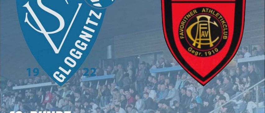 Soccer match poster featuring teams Gloggnitz and FavAC. The date is 15.11.2025, with a crowd in the background. Gloggnitz scores 19, FavAC scores 22.