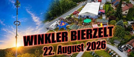 Eine Luftaufnahme des Winkler Bierzelt-Events am 22. August 2026, mit einer großen Menschenmenge, Zelten und verschiedenen Attraktionen. Das Bild ist lebendig mit einer Mischung aus grünen und blauen Farben.