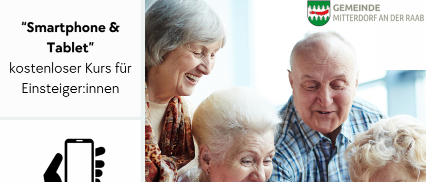 Eine Werbung für einen Smartphone- und Tablet-Kurs für Senioren, mit einer Familie, die ein Handy benutzt, und einem QR-Code für weitere Informationen. Der Kurs wird von der Regierung und der Europäischen Union unterstützt.