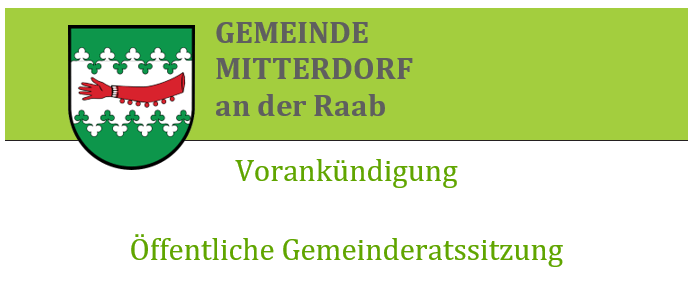 Eine Ankündigung für eine öffentliche Gemeinderatssitzung am Montag, den 22. September 2025, um 18:00 Uhr im Gemeindesaal Mitterdrof/R. Das Bild zeigt eine Holzbank mit einem Schild, das 'Gemeinde Mitterdrof/Raab' besagt. Die Bekanntmachung der Tagesordnungspunkte erfolgt in der Woche vor der Sitzung.