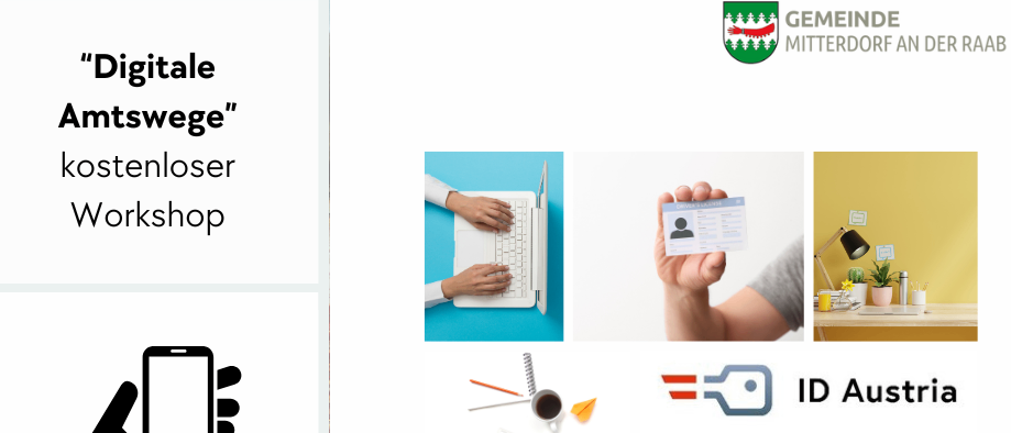 Eine Werbung für einen kostenlosen Workshop mit dem Titel 'Digitale Amtswege'. Es zeigt ein Bild einer Hand, die ein Smartphone hält, einer Person, die auf einem Laptop tippt, einer Hand, die einen Ausweis hält, einer Gruppe von Menschen in einer Besprechung und einem QR-Code.