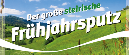 Plakat für die große steirische Frühjahrsreinigung. Zeigt ein grünes Feld, Berge und ein Reinigungswerkzeug. Datum: Samstag, 11. April 2026.