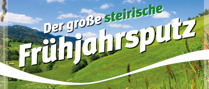 Plakat für die große steirische Frühjahrsreinigung. Zeigt ein grünes Feld, Berge und ein Reinigungswerkzeug. Datum: Samstag, 11. April 2026.