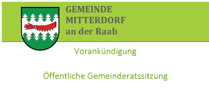 Eine Ankündigung einer öffentlichen Gemeinderatssitzung am Mittwoch, 23. September 2026 um 18:00 Uhr im Gemeindesaal Mitterdorg/R.