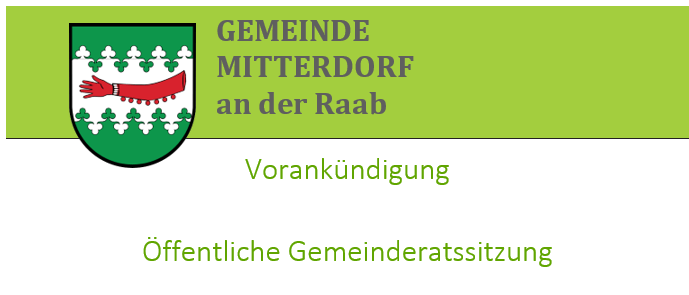 Eine Ankündigung einer öffentlichen Gemeinderatssitzung am Mittwoch, 23. September 2026 um 18:00 Uhr im Gemeindesaal Mitterdorg/R.