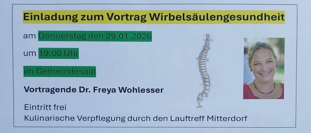 Plakat für einen Vortrag über die Wirbelsäule von Dr. Freya Wohlesser am 29.01.2026. Das Plakat zeigt eine Zeichnung der Wirbelsäule.