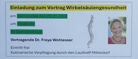 Plakat für einen Vortrag über die Wirbelsäule von Dr. Freya Wohlesser am 29.01.2026. Das Plakat zeigt eine Zeichnung der Wirbelsäule.