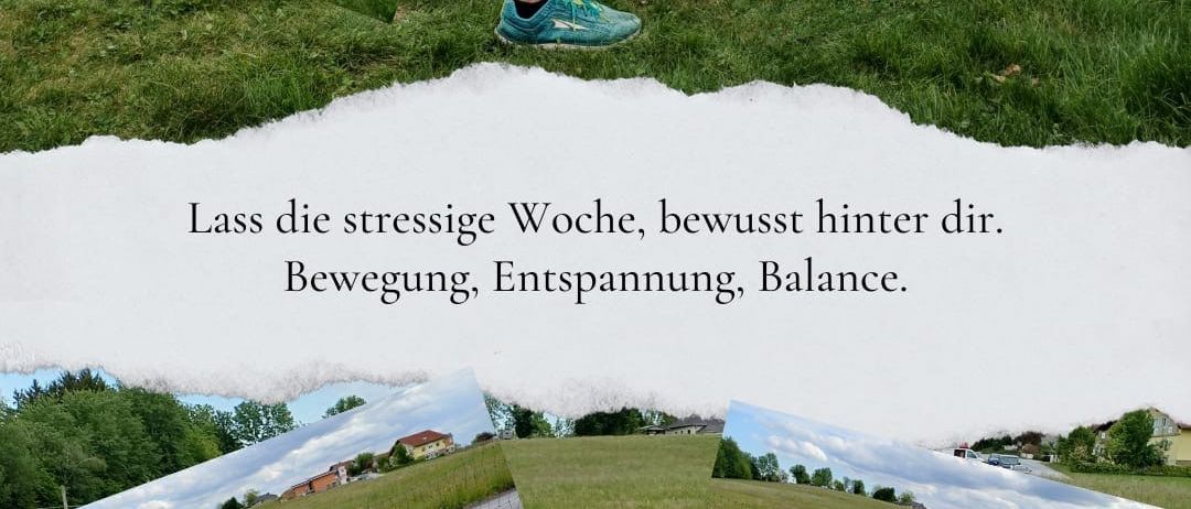 Mehrere Bilder einer Person, die Liegestütze und Dehnübungen auf einem Rasenfeld macht, mit überlagertem Motivationstext.