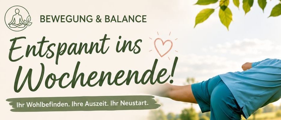 Eine Anzeige für einen Yoga-Kurs am Wochenende. Es zeigt eine Frau, die sich im Freien streckt, Details zur Kurslage, Zeit, Preis und was enthalten ist.
