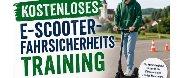 Plakat für ein kostenloses E-Scooter-Sicherheitstraining in Mitterdorf an der Raab am 24.07.2026 von 17:00 bis 19:00 Uhr. Das Training umfasst praktische Fahrübungen, Sicherheitstipps und mehr. Teilnehmer sollten ihren eigenen E-Scooter, Helm und passende Kleidung mitbringen.